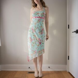 Y2K Aqua Pastel Blue & Pink Floral Halter Asymmetrical Easter Graduation Dress